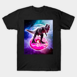 Tyrannosaurus Rex Dinosaur Riding Doughnut In Space T-Shirt